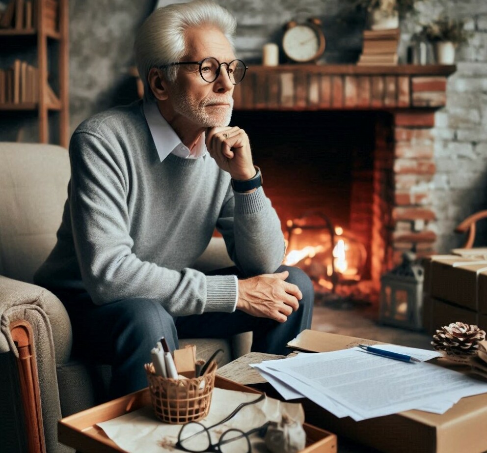 older man sitting in a chair with a fire place behind. Papers on the table and he is thinking.